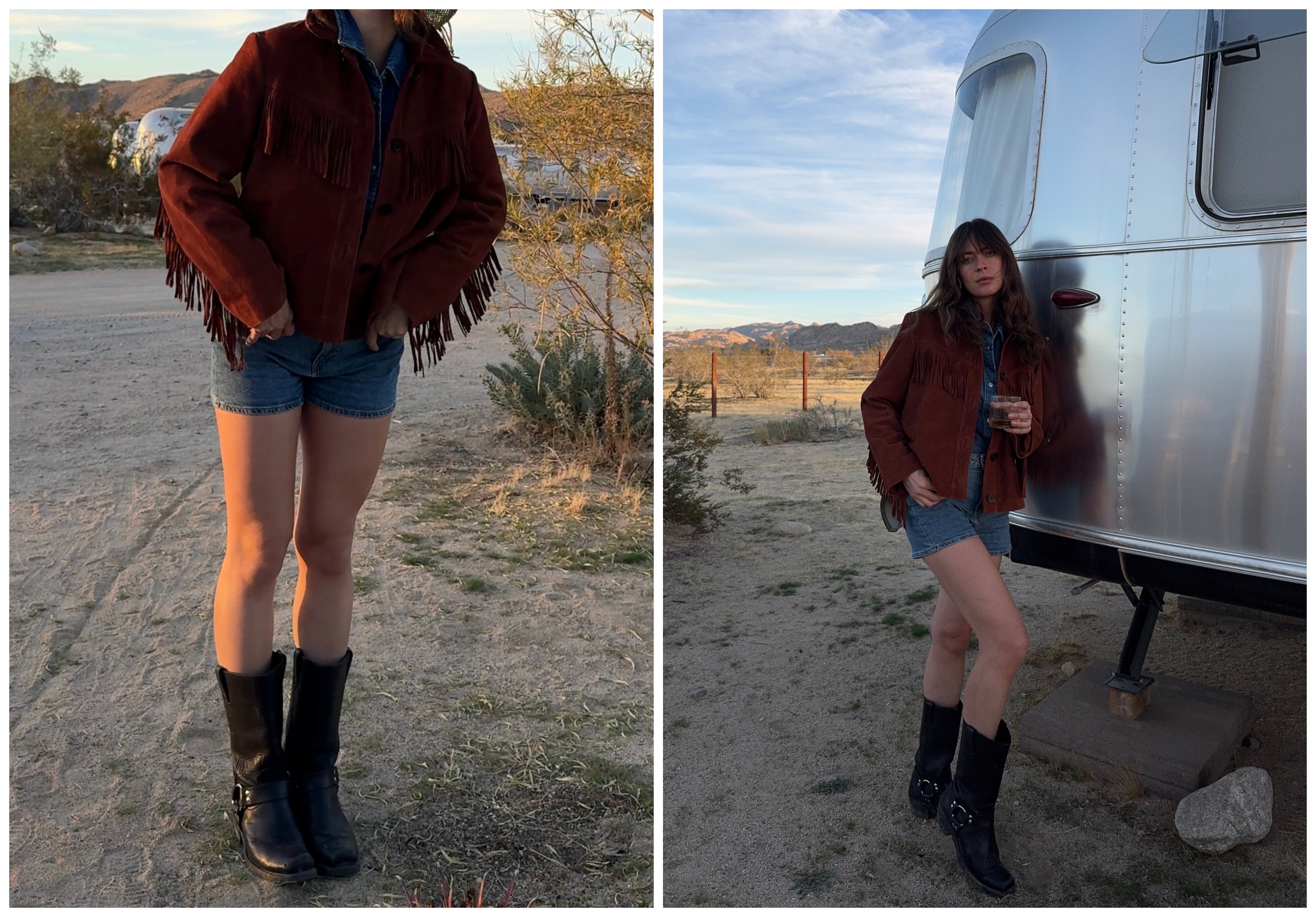 split image of Kathryn Zahorak wearing fringe suede jacket and black boots