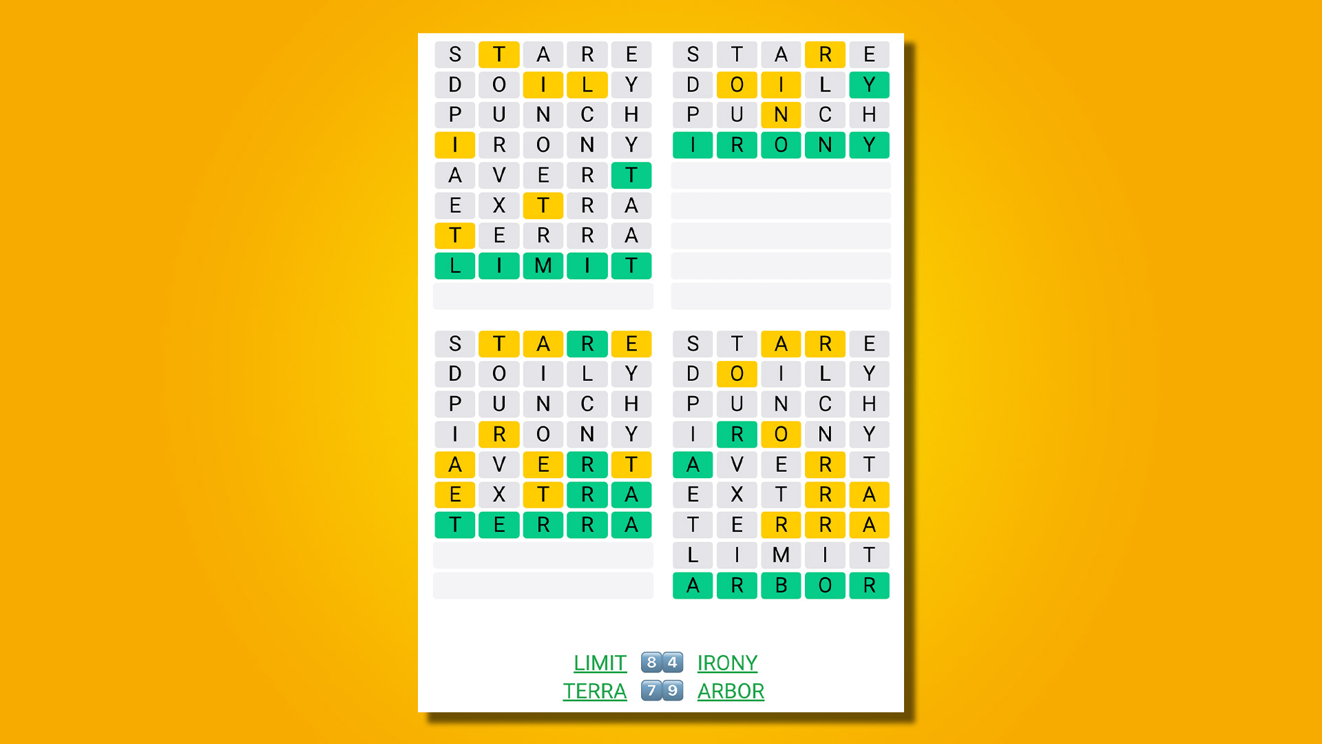 Quordle 453 answers on a yellow background