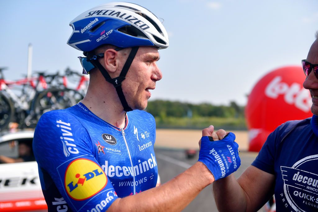 HEUSDENZOLDER BELGIUM JULY 21 Fabio Jakobsen of Netherlands and Team Deceuninck QuickStep stage winner celebrates at arrival during the 42nd Tour de Wallonie 2021 Stage 2 a 120km stage from Zolder Circuit to Zolder Circuit Race held at the Zolder Circuit due to flooding in the country tourdewallonie grandprixdewallonie on July 21 2021 in HeusdenZolder Belgium Photo by Luc ClaessenGetty Images