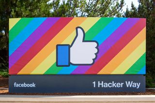The Facebook road sign at the company's main campus decorate for Gay Pride Week 2015. Credit: Facebook