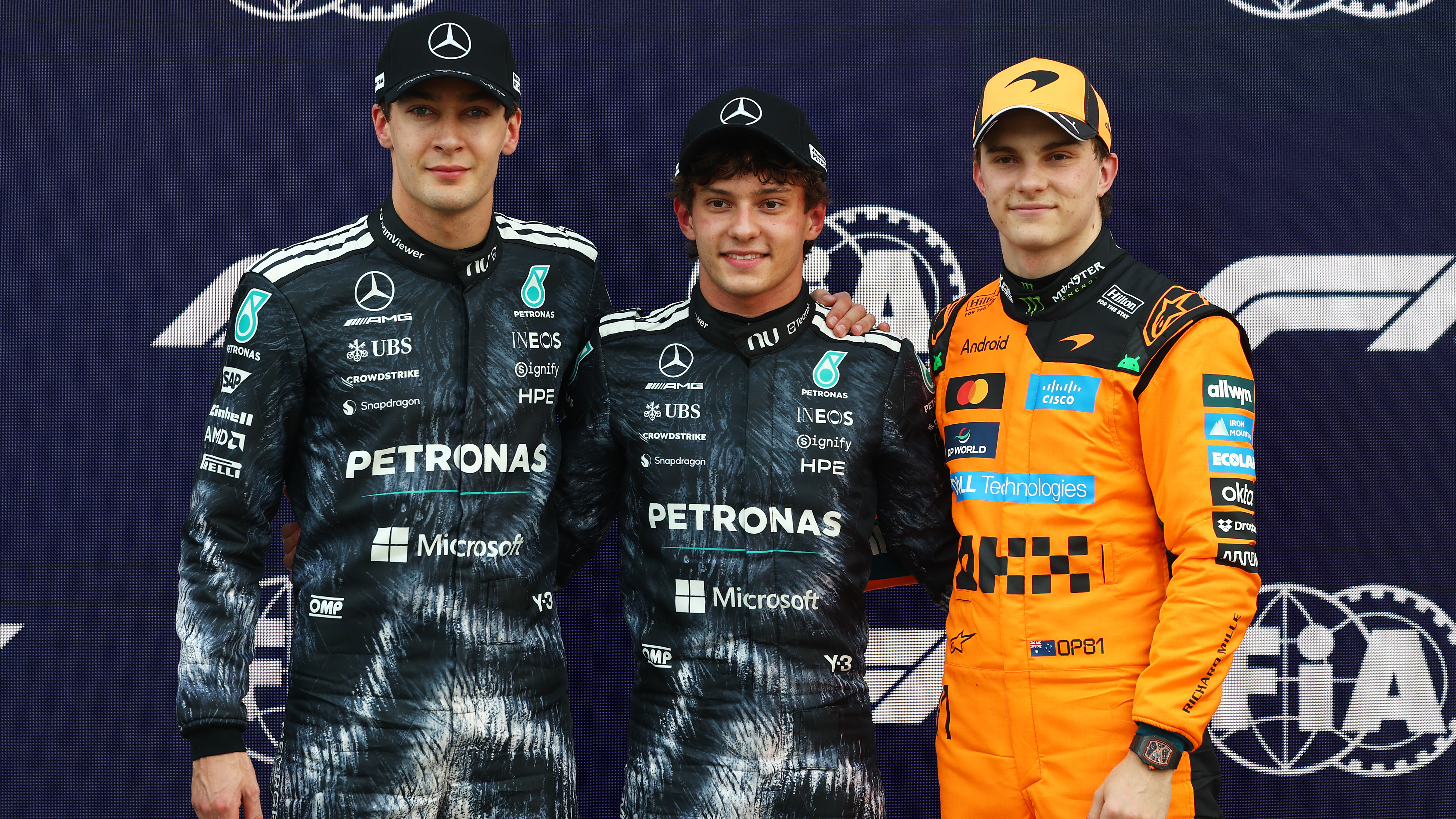 Pole position qualifier Andrea Kimi Antonelli of Italy and Mercedes AMG Petronas F1 Team Second placed qualifier George Russell of Great Britain and Mercedes AMG Petronas F1 Team and Third placed qualifier Oscar Piastri of Australia and McLaren