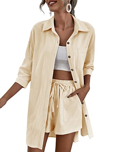 Zeagoo Womens Coordinated Outfit Casual 2 Pieces Loungewear Loose Button Down Long Shirt and Elastic Shorts Set, 01_khaki, Small