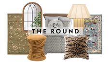 Macy's home decor, including two patterned rugs, a ruched ottoman, wall mirror, floral bedding, tiger print throw blanket, and table lamp, pictured against a white background
