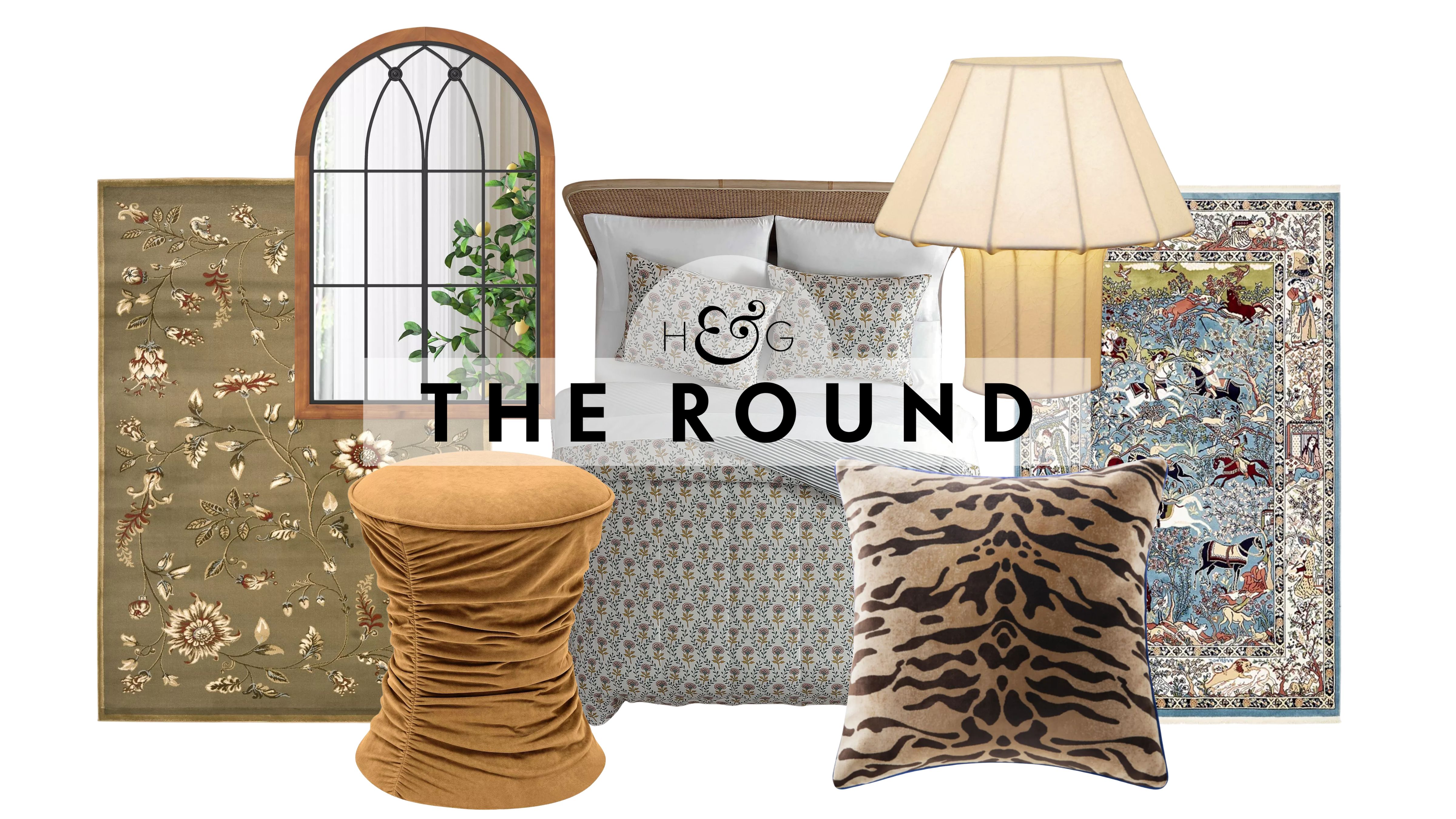 Macy's home decor, including two patterned rugs, a ruched ottoman, wall mirror, floral bedding, tiger print throw blanket, and table lamp, pictured against a white background