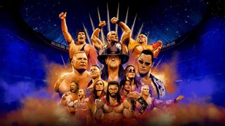 A roster of wrestlers in WWE 2K24 artwork.