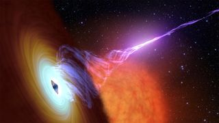 An illustration of a black hole emitting a gigantic jet of radiation.