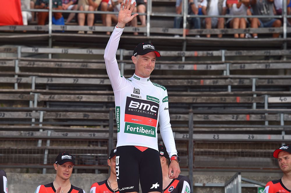 Rohan Dennis in white after stage 1 at the Vuelta a Espana