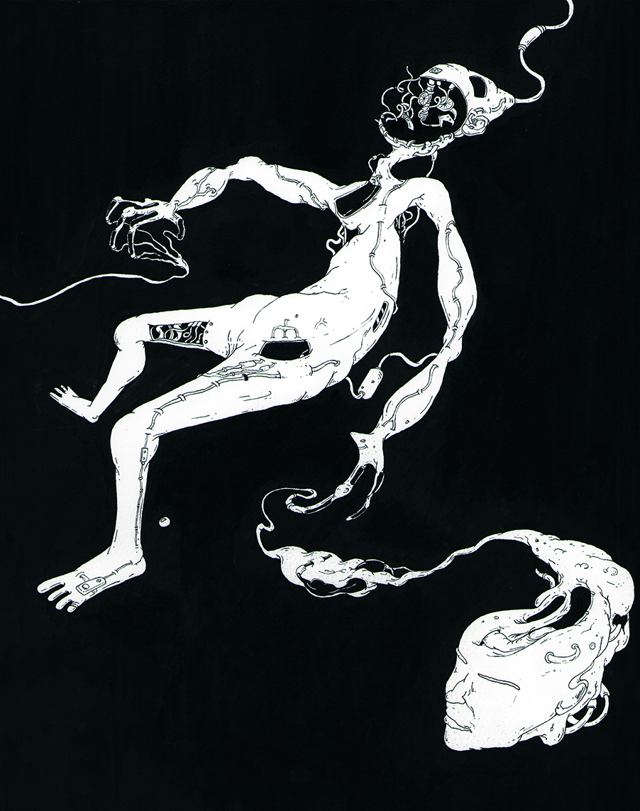 Ink line art showing an alien creature by Kevin Antoine