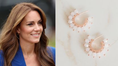 A headshot of Princess Kate wearing a blue blazer and smiling looking to the right next to a picture of a pair of pink beaded hoop earrings set on a white marble background