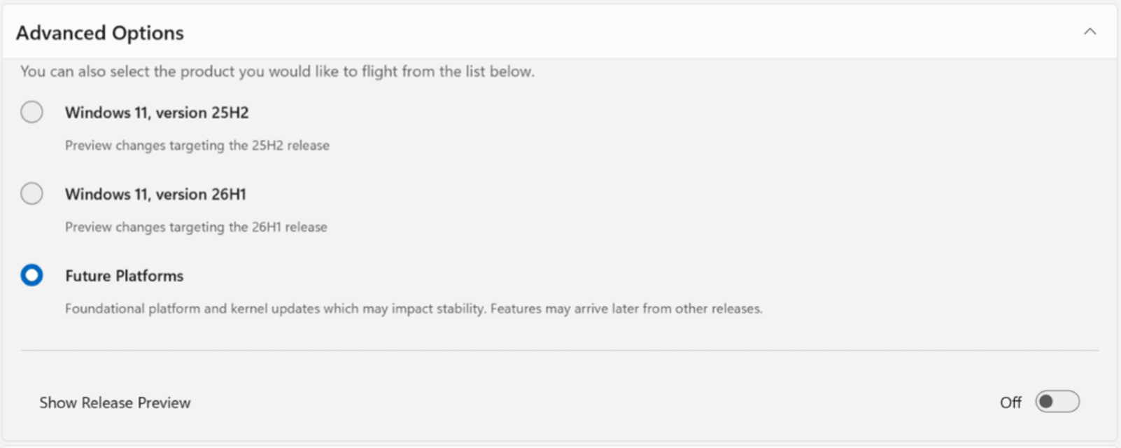 Menus de opções do Windows Insider Program.