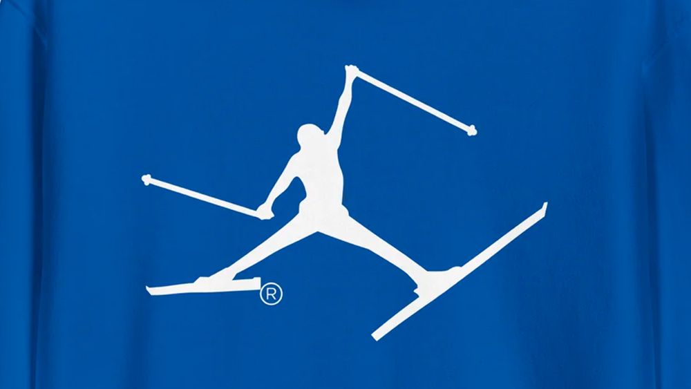 Skiman logo on a hoody, a logo that looks similar to the Nike Jordan logo but on skies