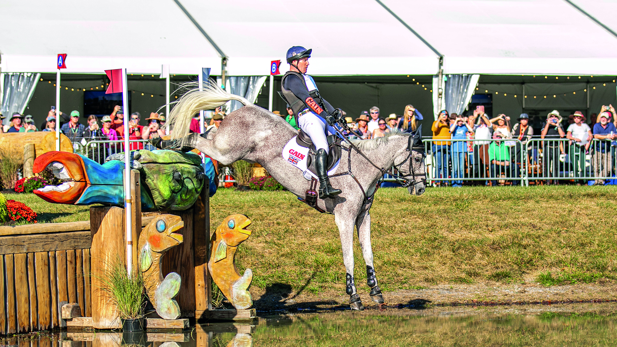 Oliver Townend and Ballaghmore Class drop down into the water over a crab-shaped fence at Maryland 5 Star