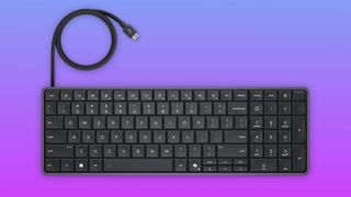 The HP EliteBoard G2a Next-Gen AI PC (Attached Cable) floats in a pink-blue gradient void.