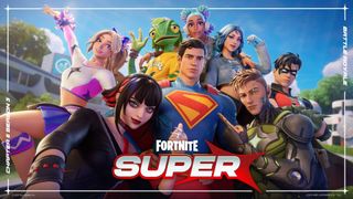 The Fortnite Super title card, with Battle Pass characters like Superman and Robin posing beside one another