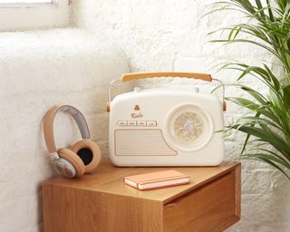 retro radio and headphones on a side table