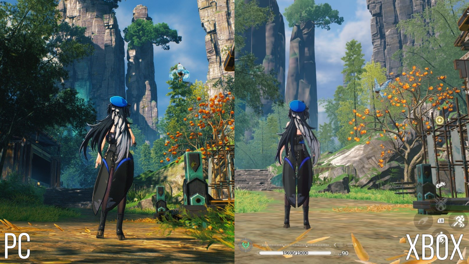 Side-by-side comparison of Wuthering Waves running on PC and Xbox Series X, highlighting noticeably lower image quality, reduced shadows, and less detailed textures on the Xbox version.
