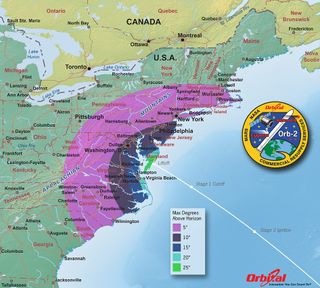 East Coasters may have the chance to see the Antares rocket loft the Cygnus spacecraft into orbit when it takes off Sunday (July 13) at 12:52 p.m. EDT (1652 GMT). This map shows how many degrees viewers should look above the horizon.