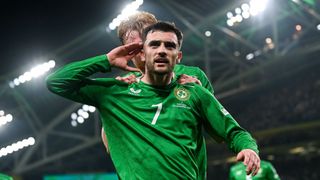 Troy Parrott of Republic of Ireland celebrates after scoring his side's first goal during the FIFA World Cup 2026 Group F Qualifier match between Republic of Ireland and Portugal at the Aviva Stadium in Dublin. 