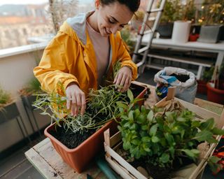 girl on balcony with plants