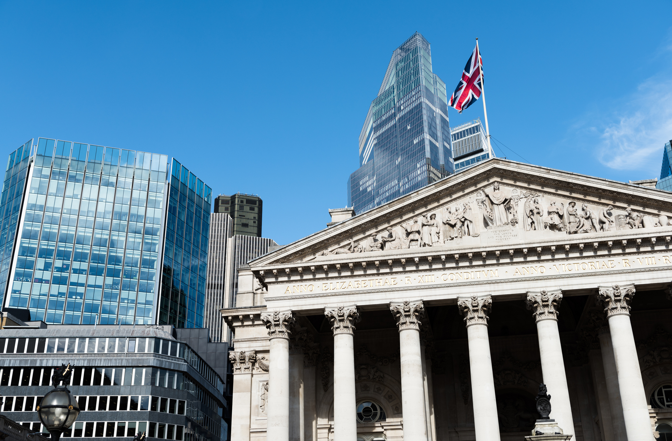 The City of London, home of the FTSE 100, skyline against a clear blue sky