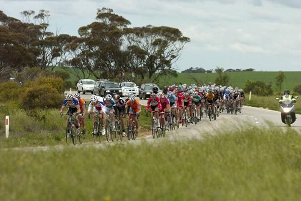 The peloton make their way towards Manangatang during the 56.9km seventh stage of the tour.