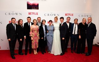 Dame Eileen Atkins wiht The Crown cast and crew, including Claire Foy, Jared Harris, Victoria Hamilton, Vanessa Kirby, Matt Smith, Suzanne Mackie and Stephen Daldry