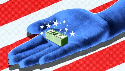 Hand holding cash over American Flag background