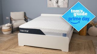 The Nectar Classic Memory Foam Mattress on a bed frame in a bedroom, a Tom's Guide Prime Day deals graphic in the top right corner