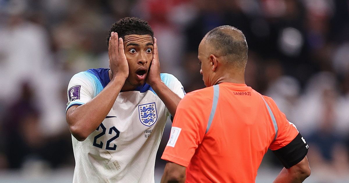 England vs France referee explained by expert who watches him in Brazil: Jude Bellingham of England and referee during the FIFA World Cup Qatar 2022 quarter final match between England and France at Al Bayt Stadium on December 10, 2022 in Al Khor, Qatar.