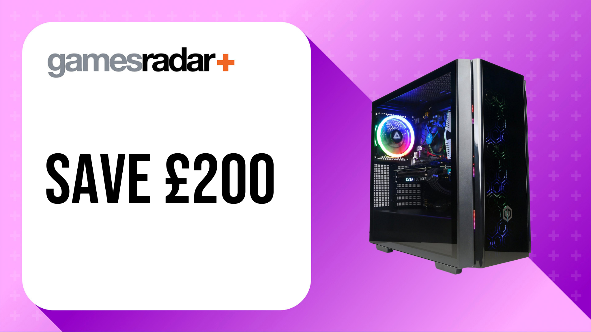 Bifrost gaming PC deal image with £200 saving stamp and purple background