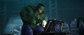 Hulk in midnight suns yelling at a computer