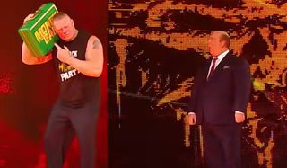 Brock Lesnar treating the Money in the Bank briefcase like a boom box while Paul Heyman is amazed WWE