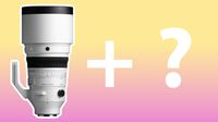 Sigma 200mm f/2 DG OS Sports on a pink to yellow gradient with + and ? signs 