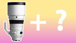 Sigma 200mm f/2 DG OS Sports on a pink to yellow gradient with + and ? signs