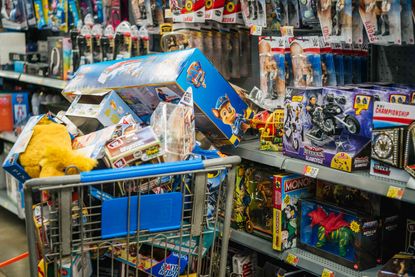 A basket full of toys is seen in a Walmart store during Black Friday on November 26, 2021 in Houston, Texas