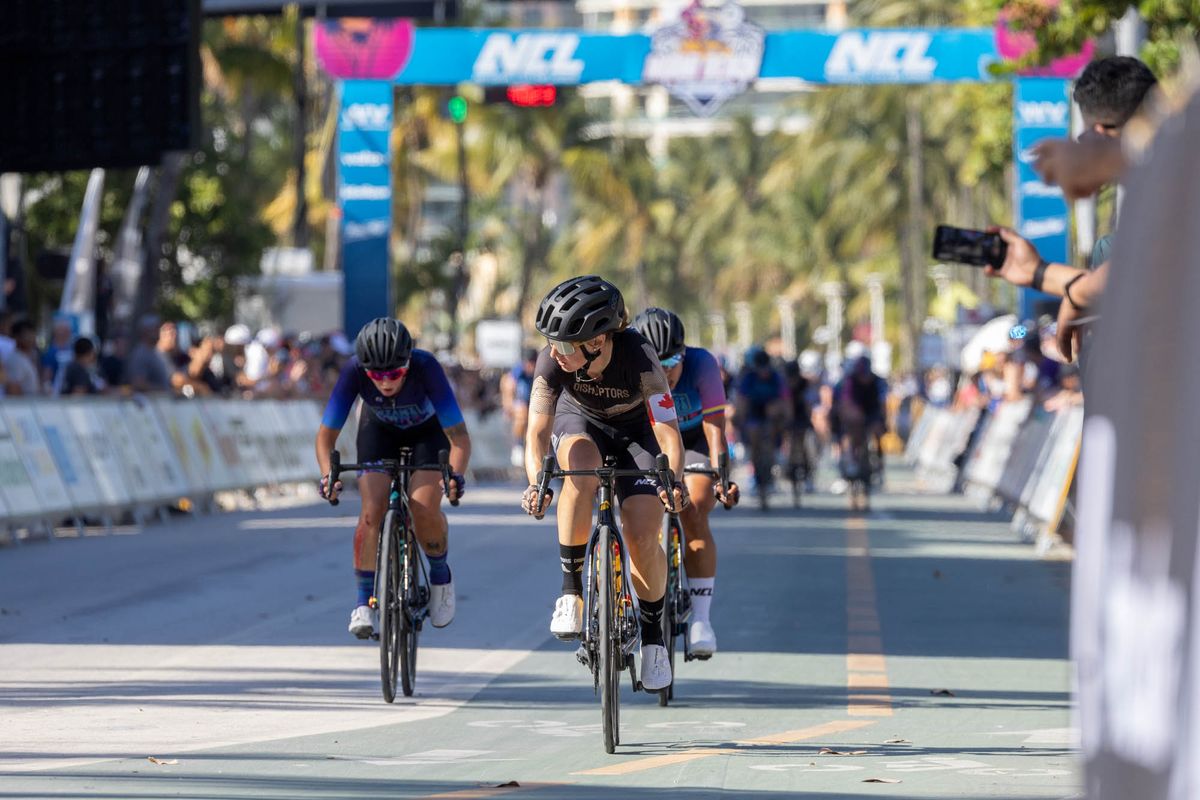 Leah Kirchmann of Denver Disruptors at the front of the race and took top points on several laps at Miami Beach Invitational