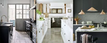 Three examples of black and white kitchen ideas.