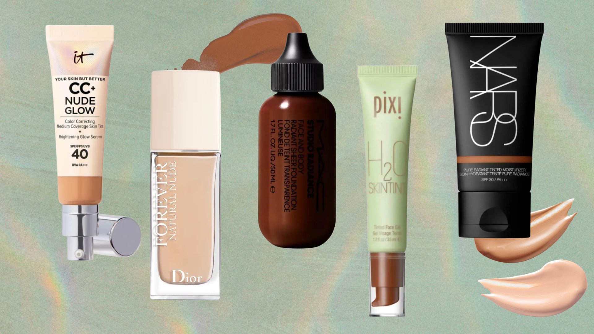 a green backdrop with images of It Cosmetics CC Nude Glow, Dior Forever Hydra Nude, MAC Studio Radiance, H20 Skin Tint and NARS pure radiant tinted moisturiser, with spills of foundation