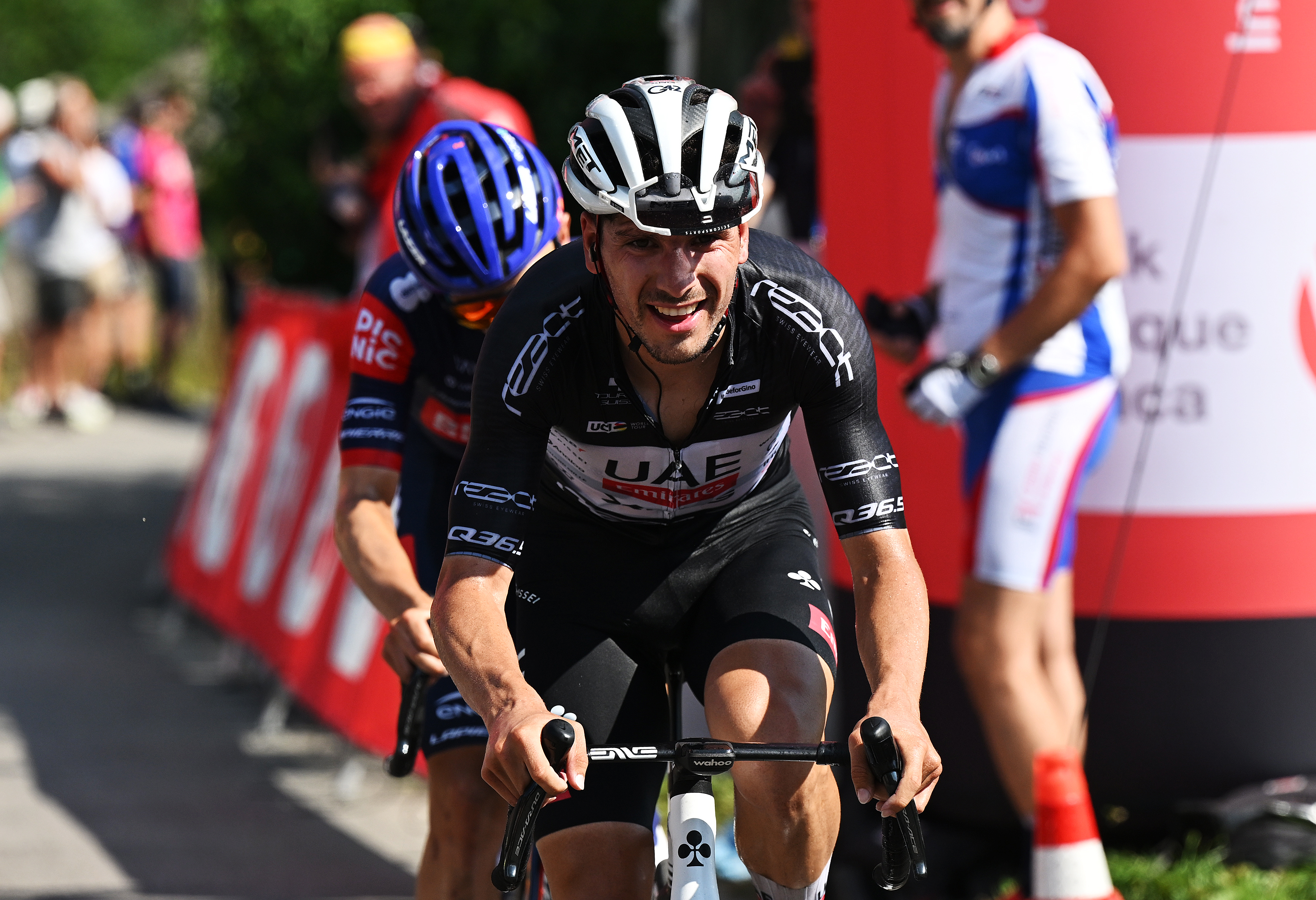 SANTA MARIA IN CALANCA, SWITZERLAND - JUNE 19: Joao Almeida of Portugal and UAE Team Emirates - XRG - Black Points Jersey competes in the breakaway during the 88th Tour de Suisse, Stage 5 a 183.8km stage from La Punt to Santa Maria in Calanca 941m / #UCIWT / on June 19, 2025 in Santa Maria in Calanca, Switzerland. (Photo by Tim de Waele/Getty Images)