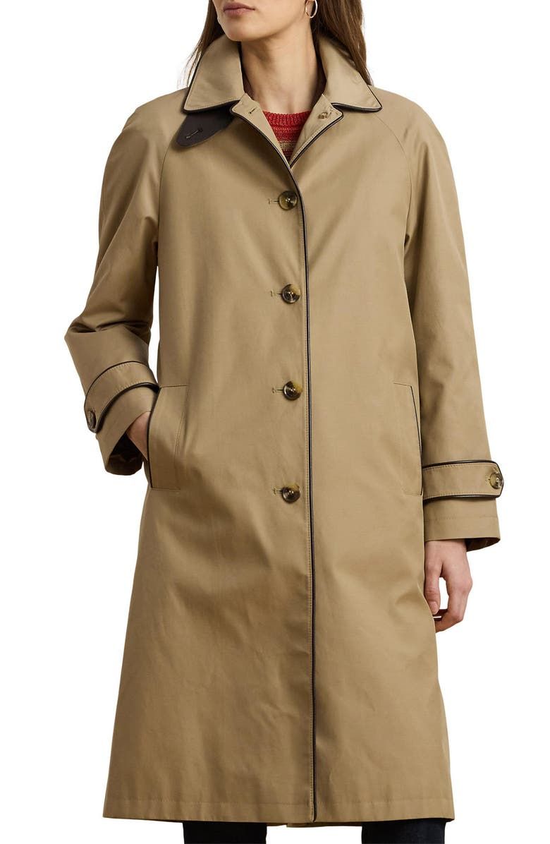 Balmacaan Single Breasted Raincoat With Faux Leather Trim