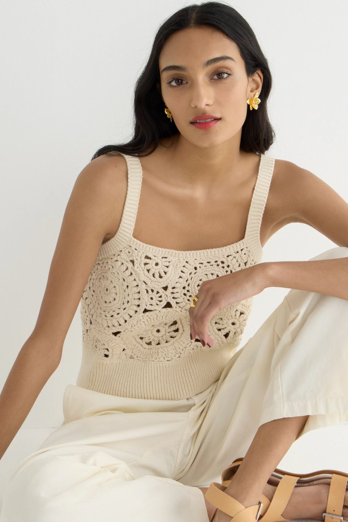 J.Crew Cropped Crochet Tank Top in Silk-Cotton Blend
