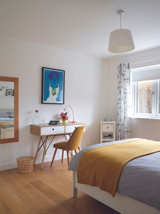 Modern bedroom with white desk and yellow chair