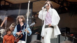 Mick Taylor and Mick Jagger on stage during the Rolling Stones free concert in Hyde Park.