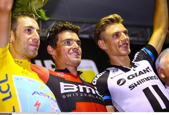 Vincenzo Nibali, Greg Van Avermaet and Marcel Kittel on the podium in Aalst