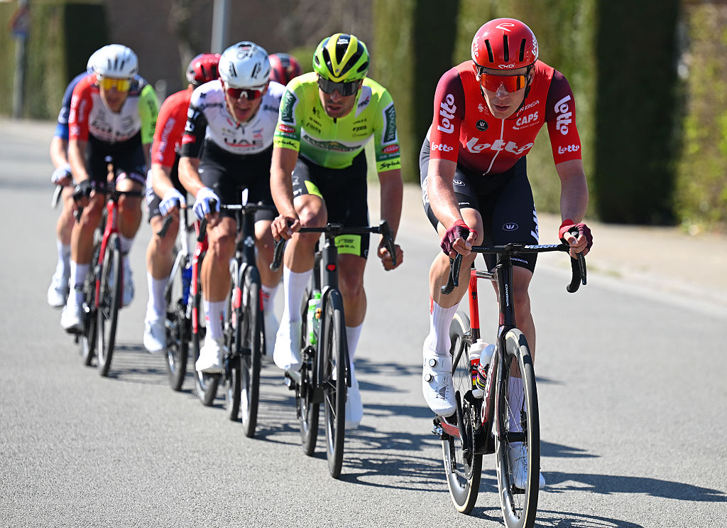 WAREGEM, BELGIUM - APRIL 02: Joshua Giddings of Great Britain and Team Lotto competes in the breakaway during the 79th Dwars Door Vlaanderen 2025, Men&amp;amp;apos;s Elite a 184.2km one day race from Roeselare to Waregem / #UCIWT / on April 02, 2025 in Waregem, Belgium. (Photo by Tim de Waele/Getty Images)
