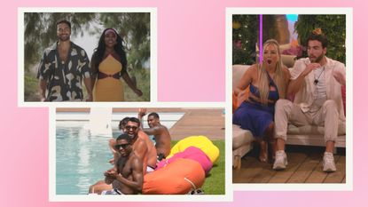 Three pictures of the Love Island 2023 cast in the villa: Top, Lochan and Whitney hold hands/ Middle, Montel, Medhi, Sammy and Tyrique clap and cheer, and Right, a picture of Sammy and Jess looking shocked/ in a pink template