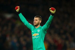 David de Gea celebrates a goal for Manchester United against Bournemouth in 2018.