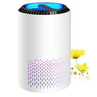 A white cylindrical air purifier