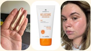 Images of product texture, packaging, and Lucy wearing the Heliocare Advanced Gel Sunscreen SPF 50