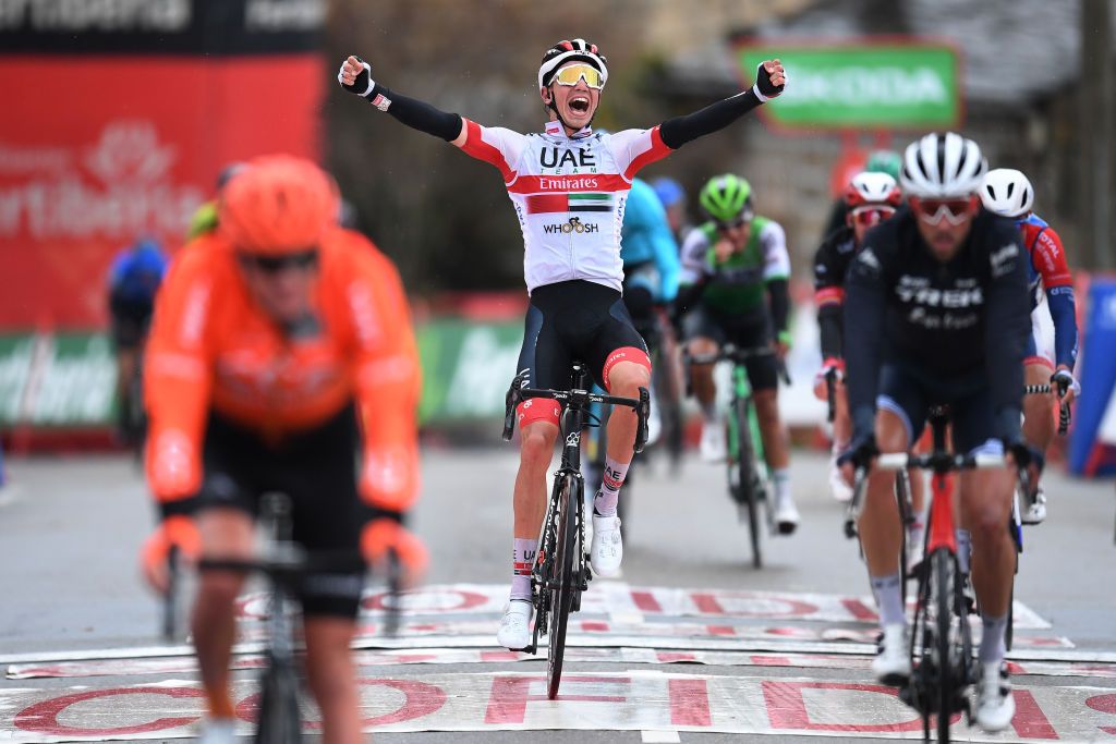 PUEBLA DE SANABRIA SPAIN NOVEMBER 05 Arrival Ivo Oliveira of Portugal and UAE Team Emirates Celebration during the 75th Tour of Spain 2020 Stage 15 a 2308km stage from Mos to Puebla de Sanabria 924m lavuelta LaVuelta20 La Vuelta on November 05 2020 in Puebla de Sanabria Spain Photo by David RamosGetty Images